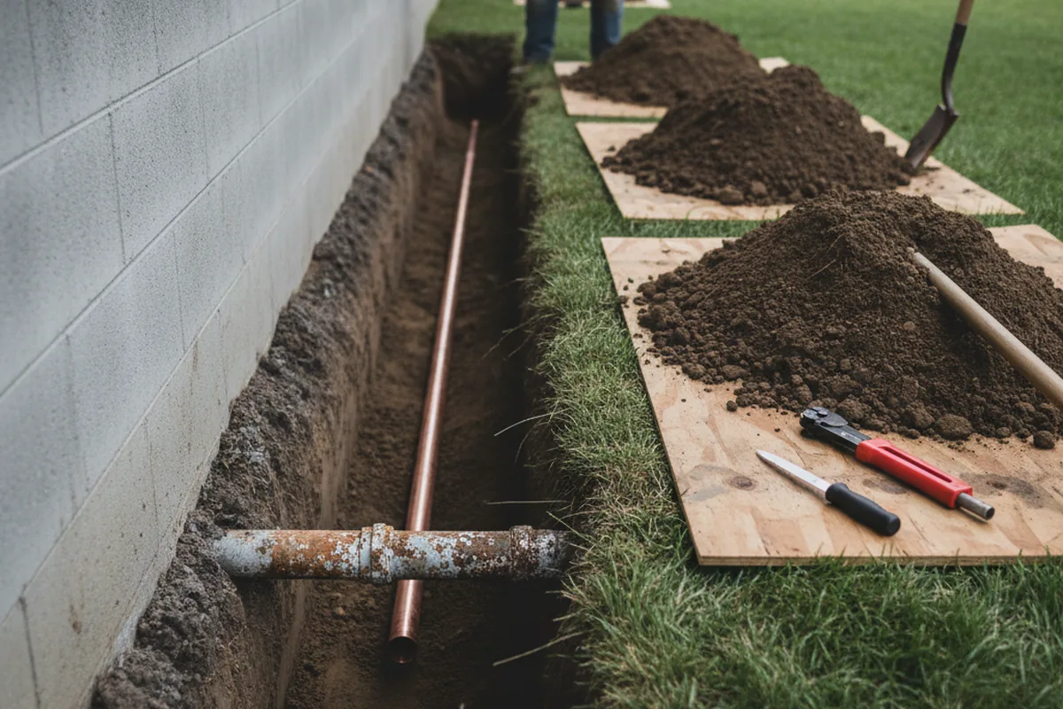 Excavated water line trench during Water Heater Repair in De Kalb
